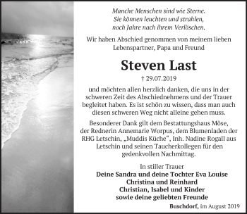 Traueranzeige von Steven Last von Märkische Oderzeitung