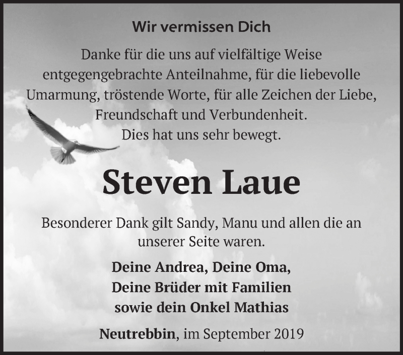  Traueranzeige für Steven Laue vom 14.09.2019 aus Märkische Oderzeitung