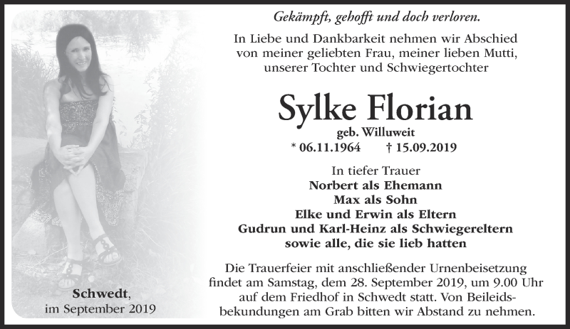  Traueranzeige für Sylke Florian vom 22.09.2019 aus Märkische Oderzeitung