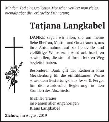 Traueranzeige von Tatjana Langkabel von Märkische Oderzeitung