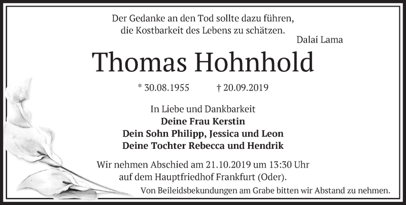  Traueranzeige für Thomas Hohnhold vom 28.09.2019 aus Märkische Oderzeitung