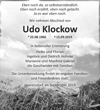 Traueranzeige von Udo Klockow von Märkische Oderzeitung