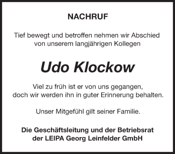 Traueranzeige von Udo Klockow von Märkische Oderzeitung