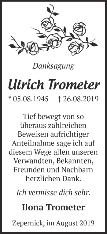 Traueranzeige von Ulrich Trometer von Märkische Oderzeitung