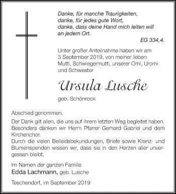 Traueranzeige von Ursula Lusche von Märkische Oderzeitung