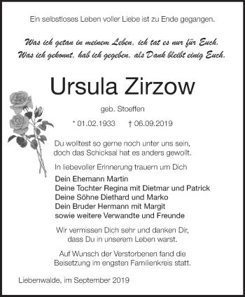 Traueranzeige von Ursula Zirzow von Märkische Oderzeitung