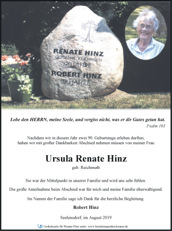 Traueranzeige von Ursula Renate Hinz von Märkische Oderzeitung