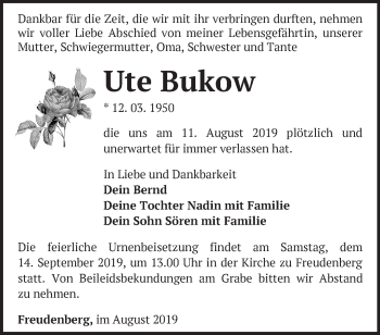 Traueranzeige von Ute Bukow von Märkische Oderzeitung