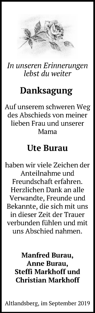 Traueranzeige von Ute Burau von Märkische Oderzeitung