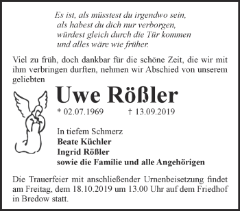 Traueranzeige von Uwe Rößler von Märkische Oderzeitung