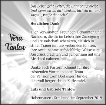 Traueranzeige von Vera Tantow von Märkische Oderzeitung