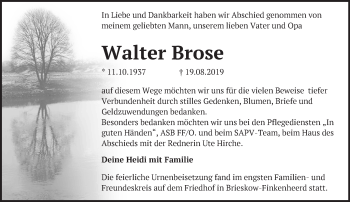 Traueranzeige von Walter Brose von Märkische Oderzeitung