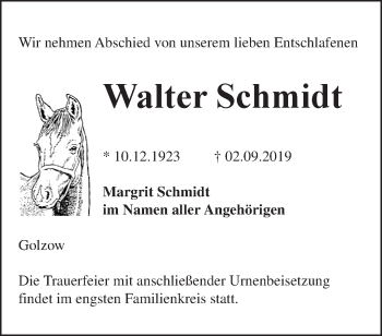 Traueranzeige von Walter Schmidt von Märkische Oderzeitung