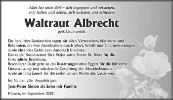 Traueranzeige von Waltraut Albrecht von Märkische Oderzeitung