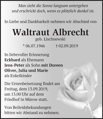 Traueranzeige von Waltraut Albrecht von Märkische Oderzeitung