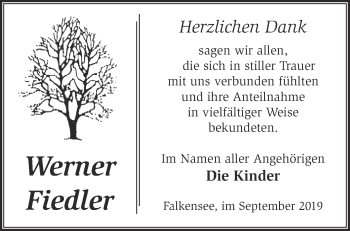 Traueranzeige von Werner Fiedler von Märkische Oderzeitung