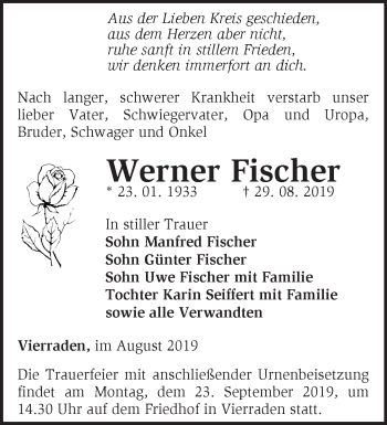 Traueranzeige von Werner Fischer von Märkische Oderzeitung