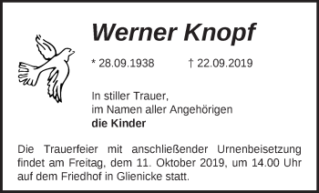 Traueranzeige von Werner Knopf von Märkische Oderzeitung