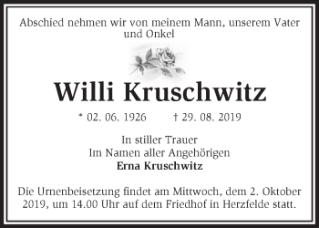 Traueranzeige von Willi Kruschwitz von Märkische Oderzeitung