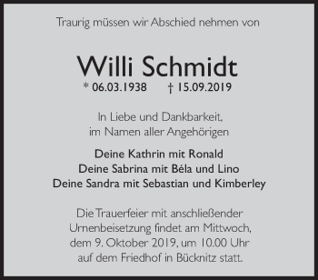 Traueranzeige von Willi Schmidt von Märkische Oderzeitung