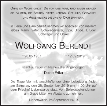 Traueranzeige von Wolfgang Berendt von Märkische Oderzeitung