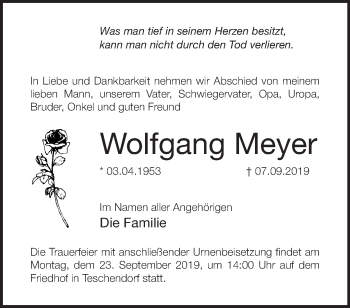 Traueranzeige von Wolfgang Meyer von Märkische Oderzeitung