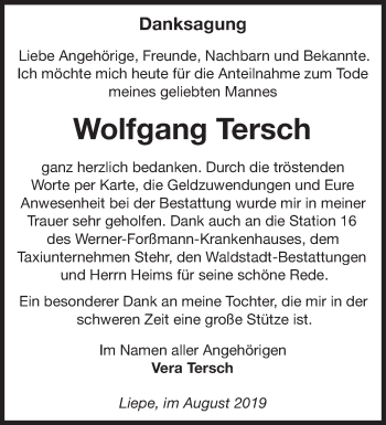 Traueranzeige von Wolfgang Tersch von Märkische Oderzeitung