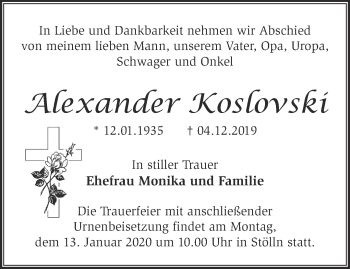 Traueranzeige von Alexander Koslovski von Märkische Oderzeitung