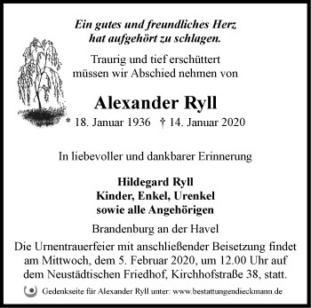 Traueranzeige von Alexander Ryll von Märkische Oderzeitung