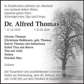 Traueranzeige von Alfred Thomas von Märkische Oderzeitung