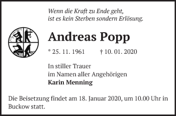 Traueranzeige von Andreas Popp von Märkische Oderzeitung