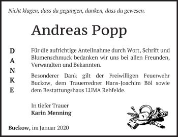 Traueranzeige von Andreas Popp von Märkische Oderzeitung