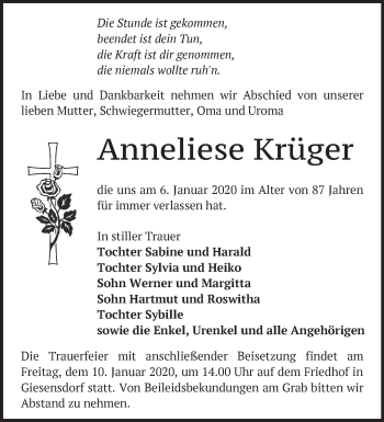 Traueranzeige von Anneliese Krüger von Märkische Oderzeitung