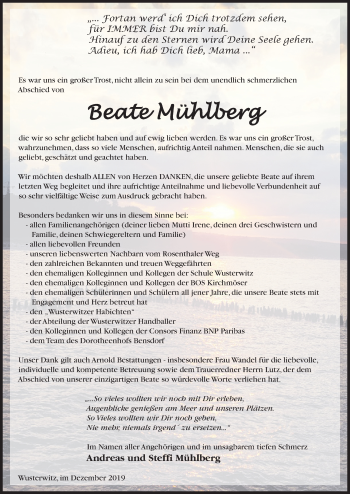 Traueranzeige von Beate Mühlberg von Märkische Oderzeitung