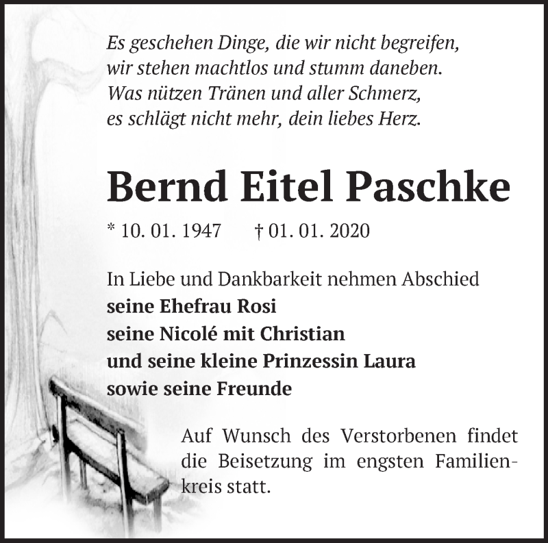  Traueranzeige für Bernd Eitel Paschke vom 12.01.2020 aus Märkische Oderzeitung
