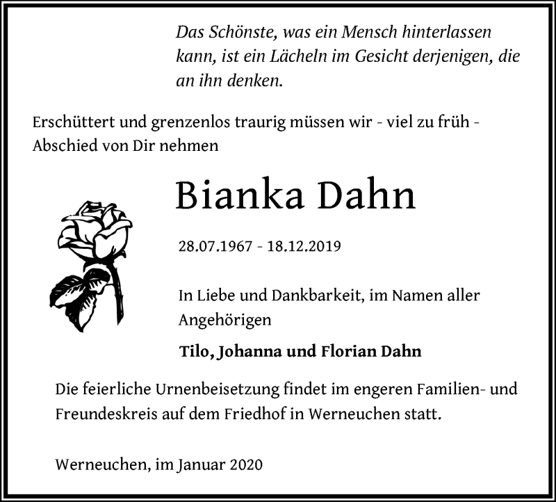  Traueranzeige für Bianka Dahn vom 10.01.2020 aus Märkische Oderzeitung