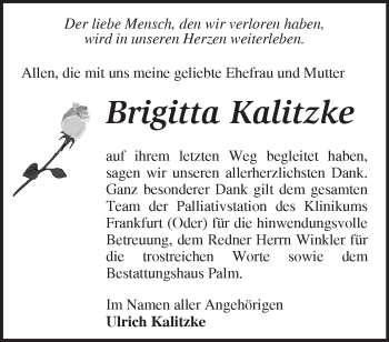 Traueranzeige von Brigitta Kalitzke von Märkische Oderzeitung