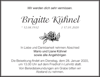 Traueranzeige von Brigitte Kühnel von Märkische Oderzeitung