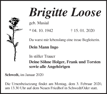 Traueranzeige von Brigitte Loose von Märkische Oderzeitung