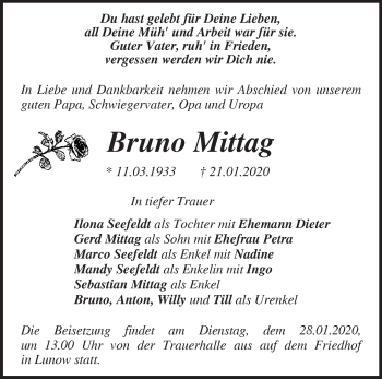 Traueranzeige von Bruno Mittag von Märkische Oderzeitung