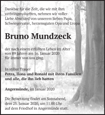 Traueranzeige von Bruno Mundzeck von Märkische Oderzeitung