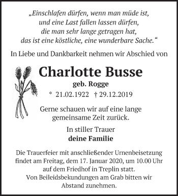 Traueranzeige von Charlotte Busse von Märkische Oderzeitung