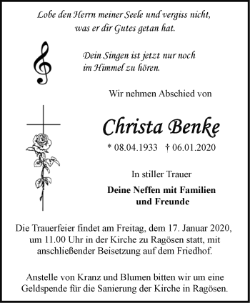 Traueranzeige von Christa Benke von Märkische Oderzeitung