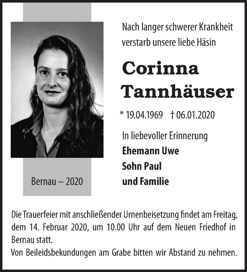  Traueranzeige für Corinna Tannhäuser vom 18.01.2020 aus Märkische Oderzeitung