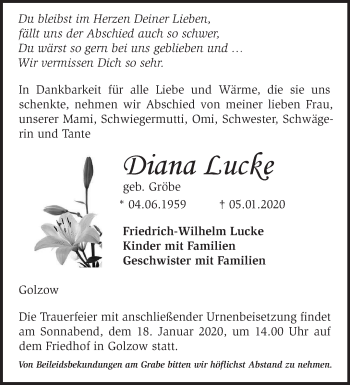 Traueranzeige von Diana Lucke von Märkische Oderzeitung