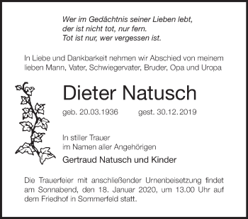 Traueranzeige von Dieter Natusch von Märkische Oderzeitung