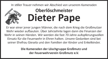 Traueranzeige von Dieter Pape von Märkische Oderzeitung