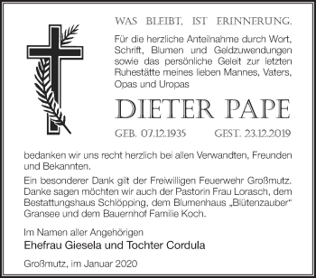 Traueranzeige von Dieter Pape von Märkische Oderzeitung