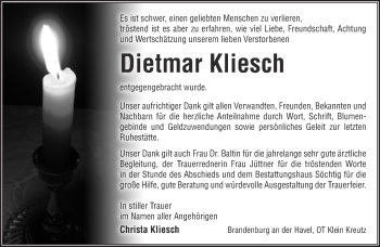 Traueranzeige von Dietmar Kliesch von Märkische Oderzeitung