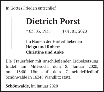 Traueranzeige von Dietrich Porst von Märkische Oderzeitung